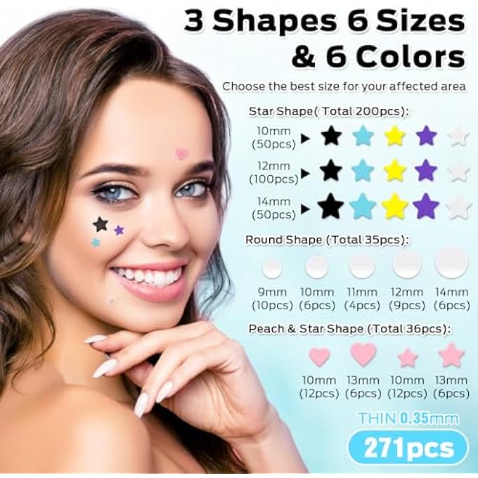 STRBOXONG PIMPLE PATCHES FOR FACE, CUTE PIMPLE PATCHES STARS, COLORFUL HYDROCOLLOID ACNE 271PATCHES 6 SIZES WITH SALICYLIC ACID, TEA TREE & CENTELLA OIL (ROUND,STAR,PEACH SHAPES) - Image 3